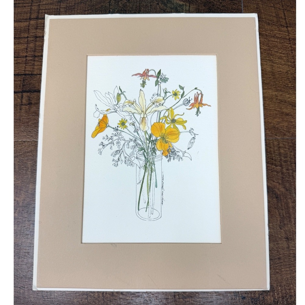 Vintage 1975 Mary Lou Goertzen Matted Lithograph Print Poppies in a Jar